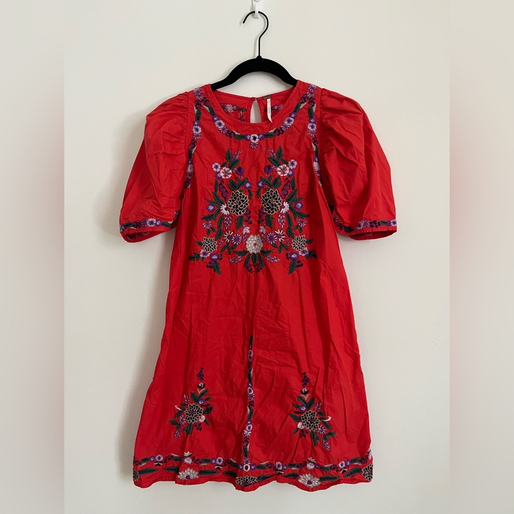 Free People Embroidered Puff Sleeve Red Dress Size XS